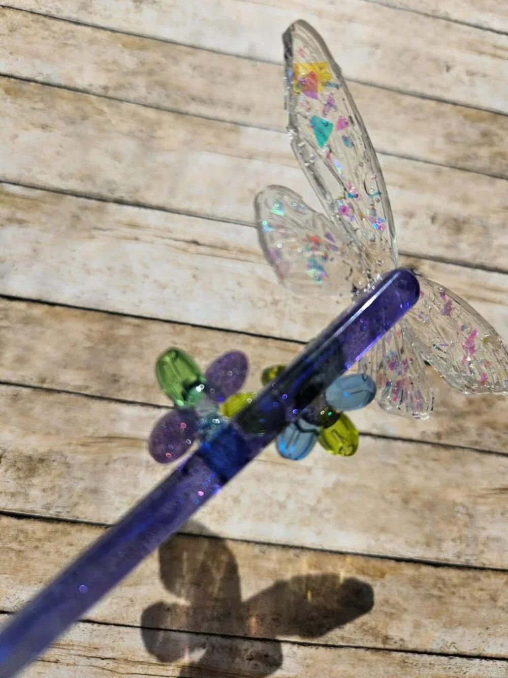 Handmade Resin Hair Stick Dragonfly Wings Flowers Violet Blue Glitter